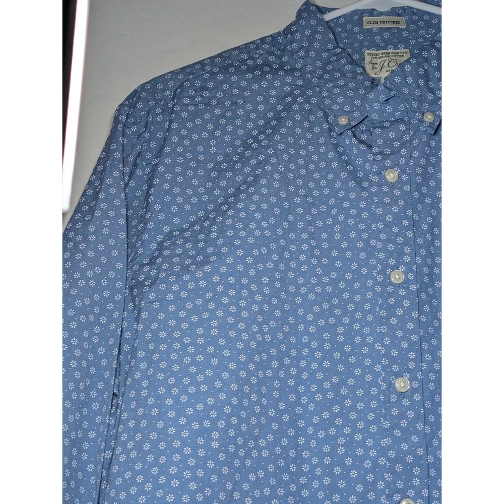 J. Crew Mens Large Slim Untucked Secret Wash Shirt Blue Floral Daisy Stretch L